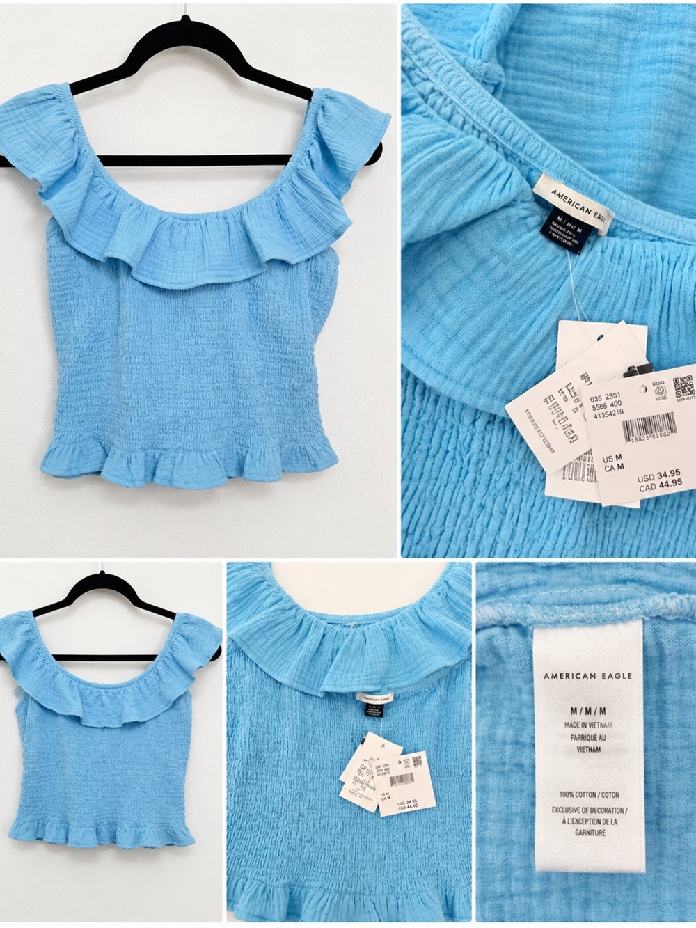 American Eagle Outfitters Light Blue Ruffle Smocked Tank Top